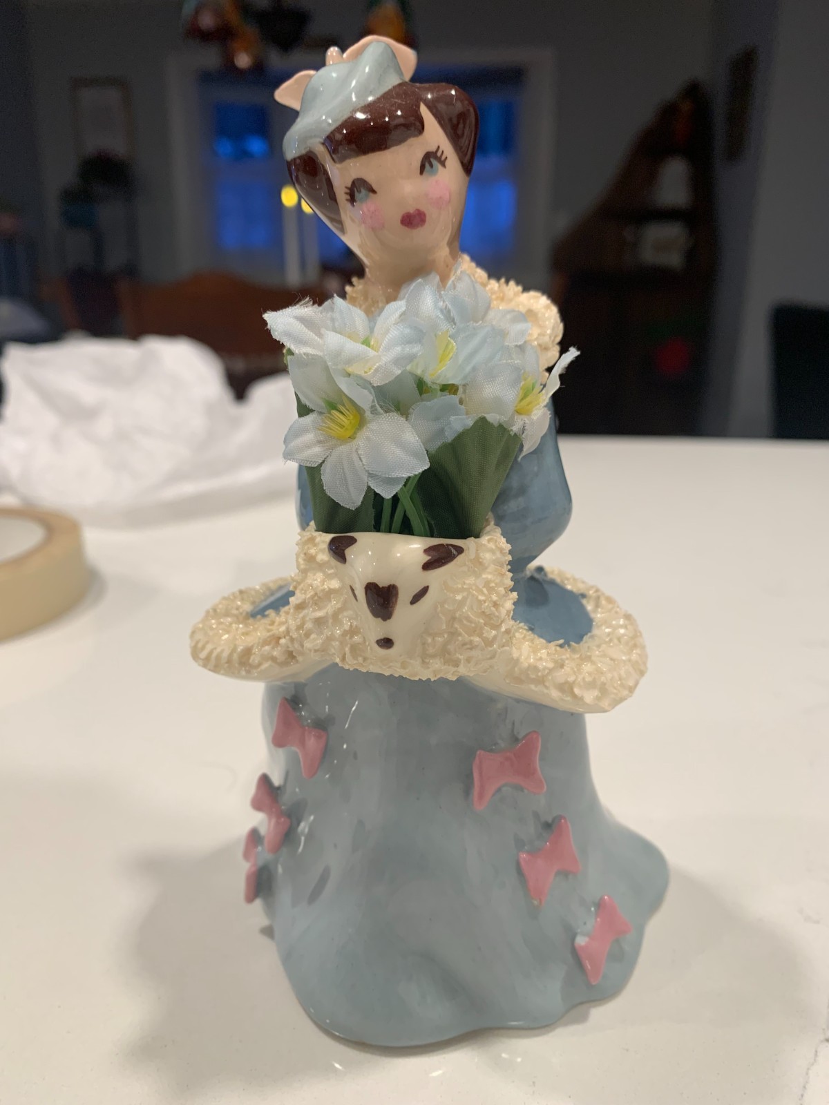 Vintage Yona Ceramic Figurine Girl w Flowers Signed Base 6.5” Mid Century