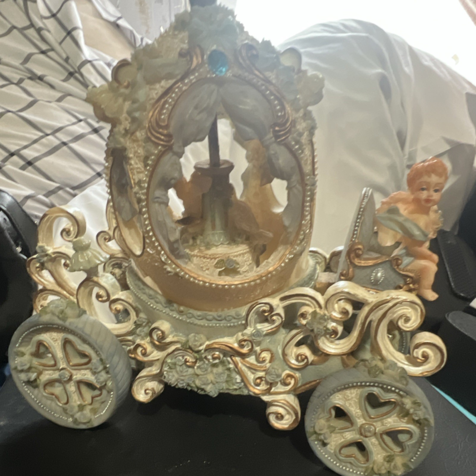 Resin Hand Painted Multicolor Carriage Figurine, Fairy Tale Theme, Cherub Driver