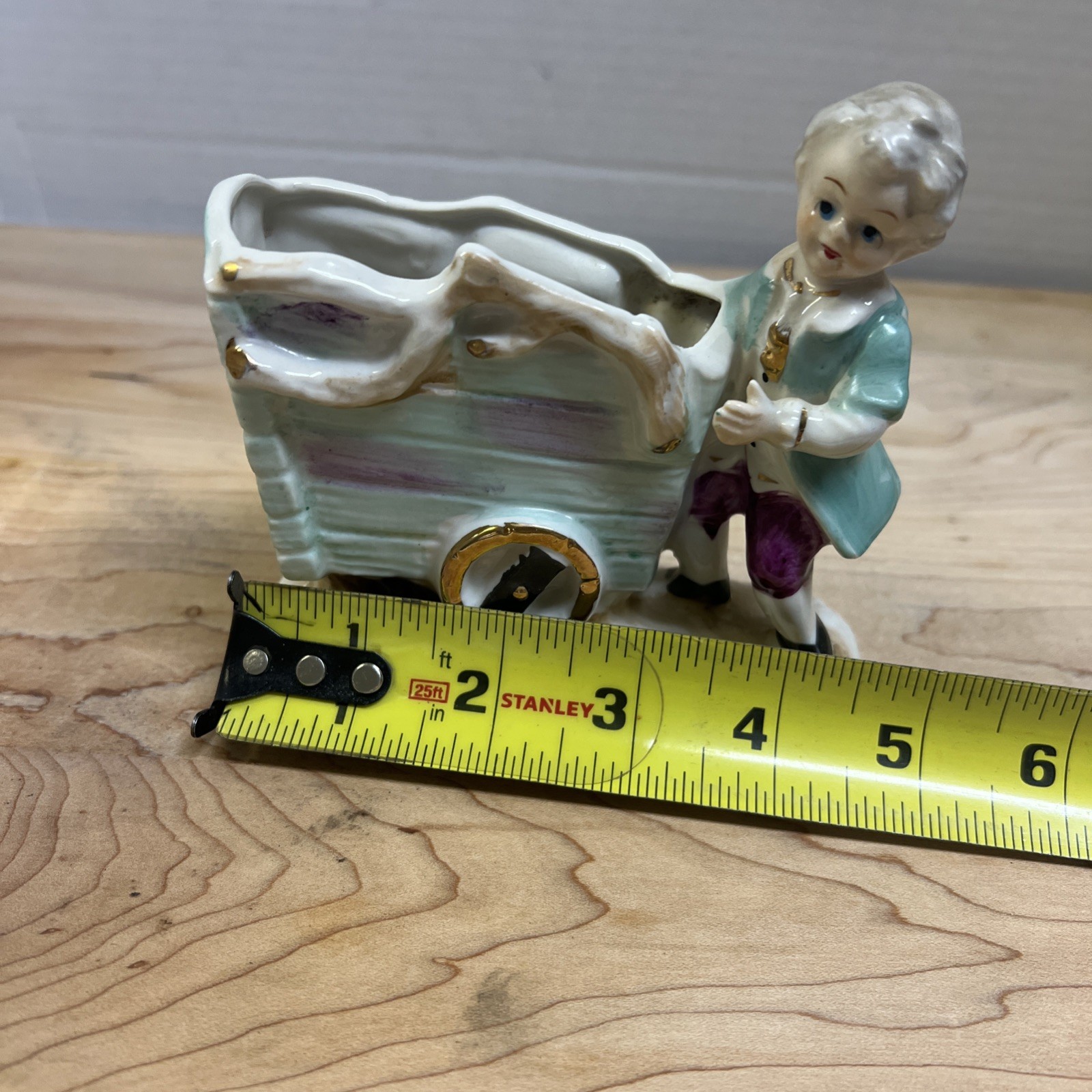 Vintage UCAGO 1950s Porcelain Figurine Vase #1352 Hand Painted Boy Pushing Cart
