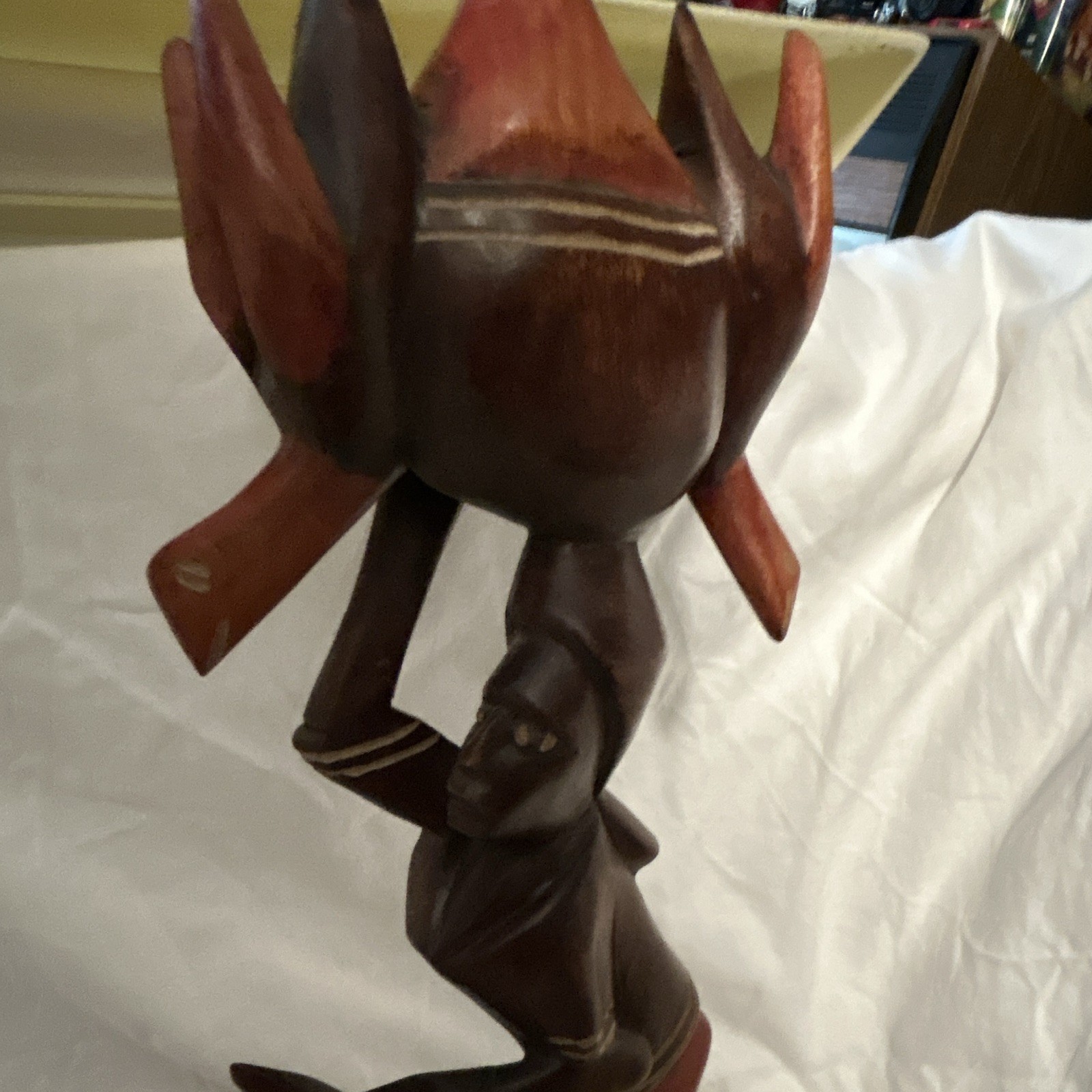 Hand Carved Painted Wood Woman Figurine Carrying Bowl on Head Brown Red