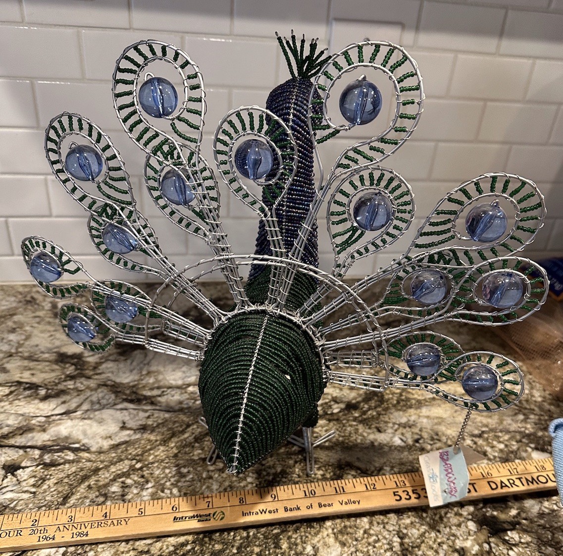 Beadworx Beaded Peacock Figurine Wire Glass Beads Art Freestanding Bird 16×13