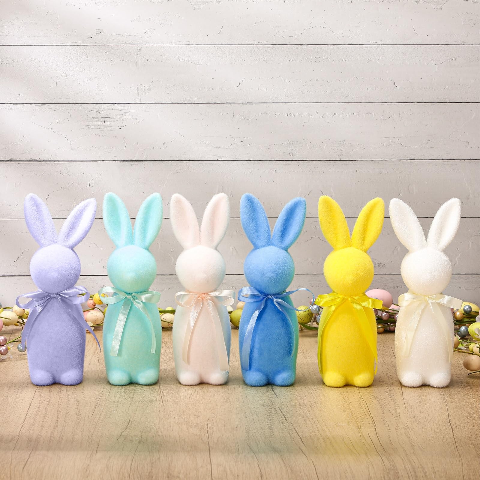 6 PCS 8.8 Inch Flocked Easter Bunny Figurines Flocking Rabbit Pastel Desk
