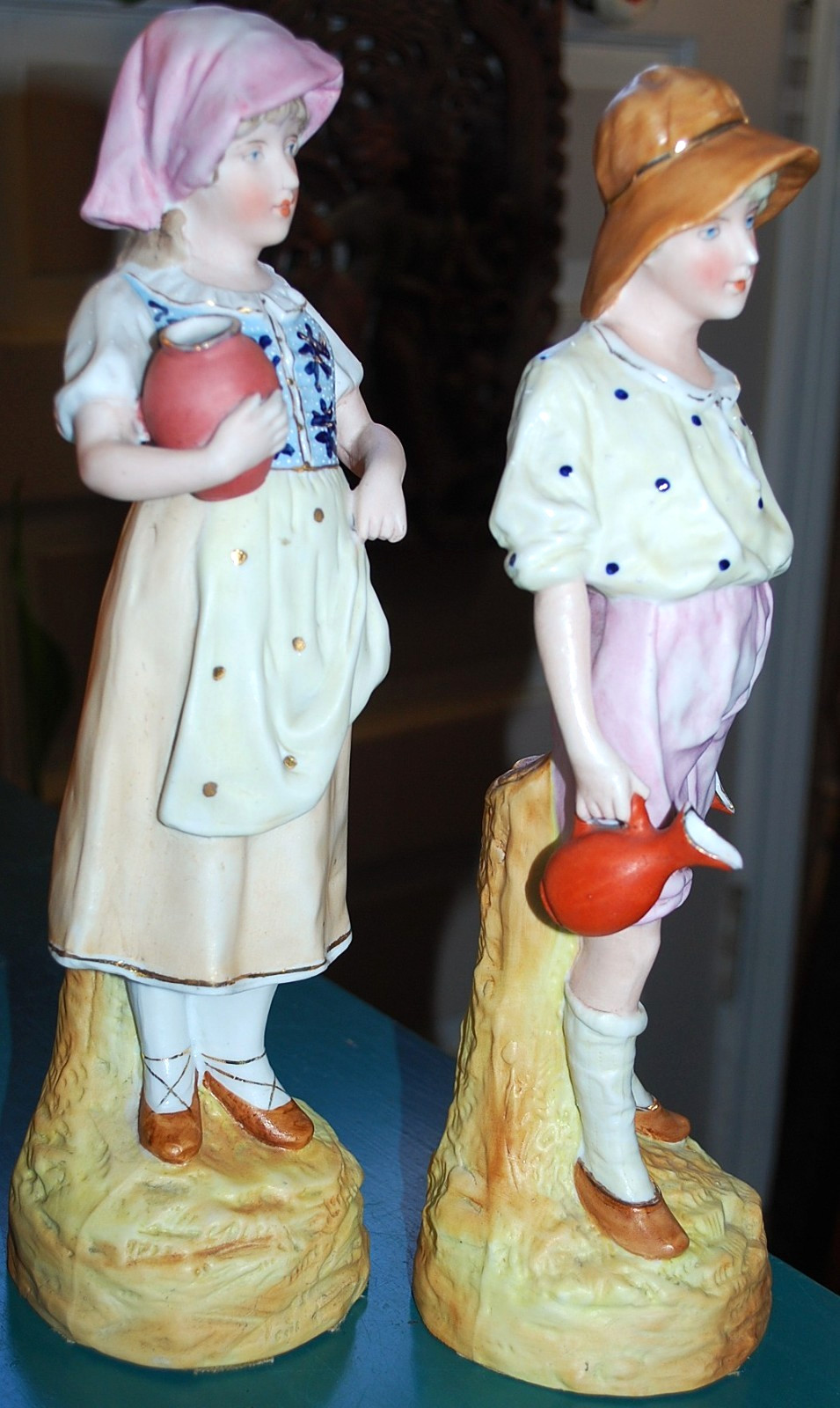 SET 2 Antique GEBRUDER HEUBACH Porcelain Figurines BOY & GIRL W MILK JUGS c1900