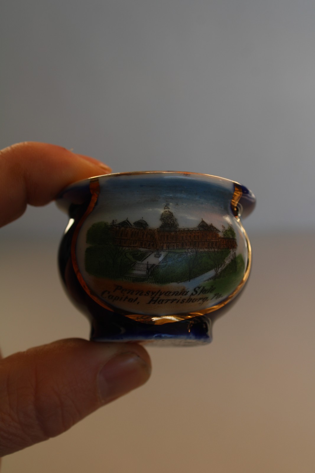 Antique Victorian Germany Porcelain Cobalt Souvenir Pot, Harrisburg Capitol