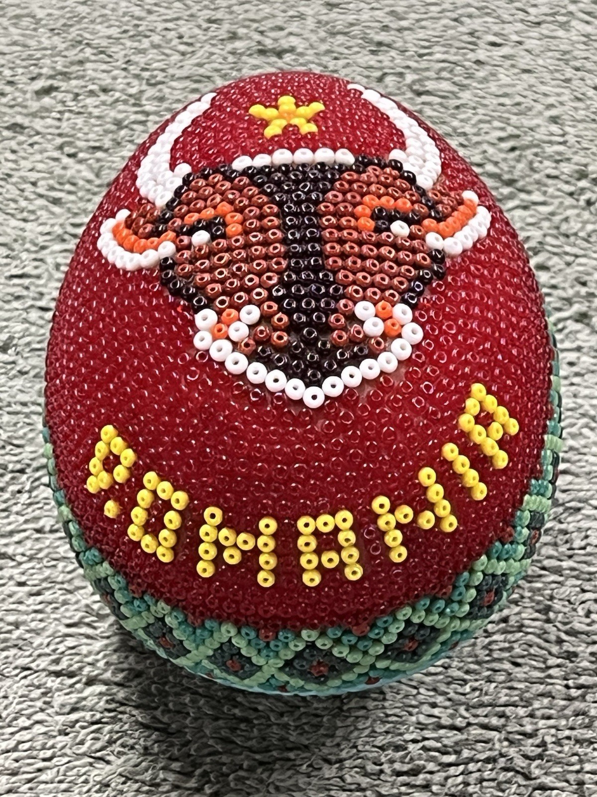 Large Romania Pysanka Glass Beaded Easter Egg Handmade Folk Art Bull Motif 3.5″