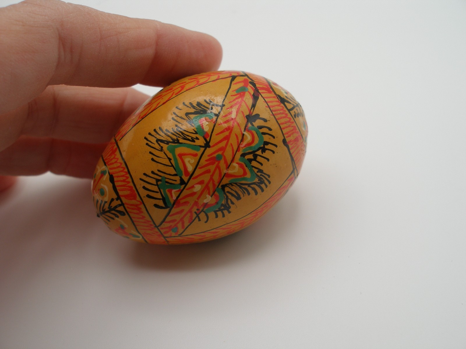 Hand-Painted Ukrainian? wood Easter Egg; gold, green, orange
