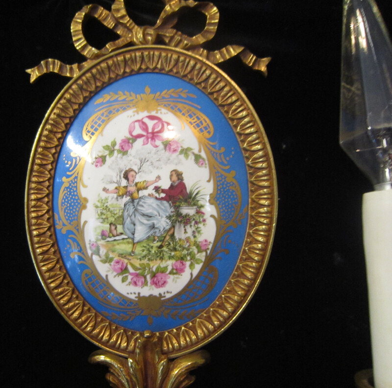 Pair 2-lite Sevres French Dore bronze sconce Porcelain Plaque like KPM