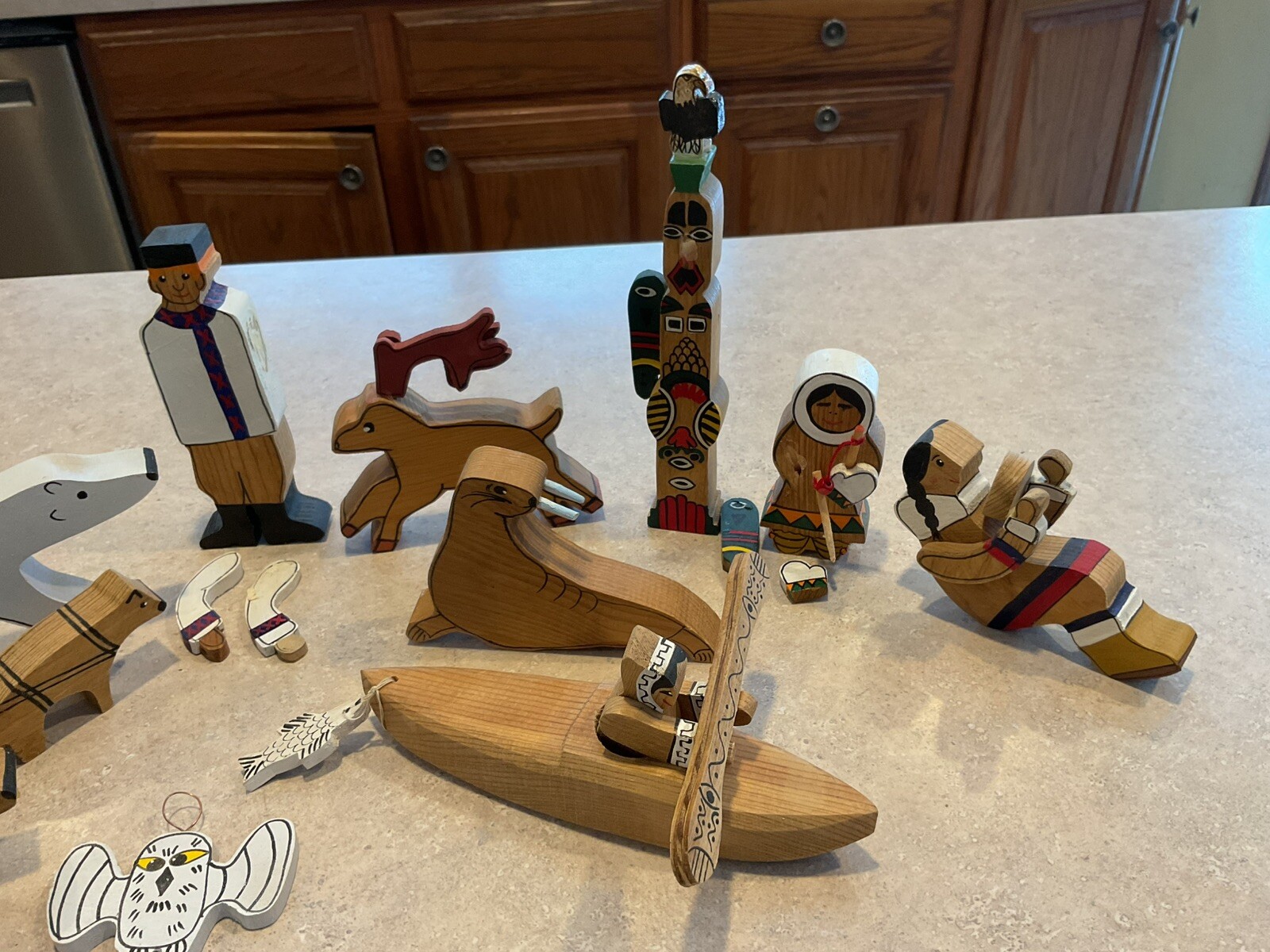 vintage hand carved Wood alaskan figurines People,animals
