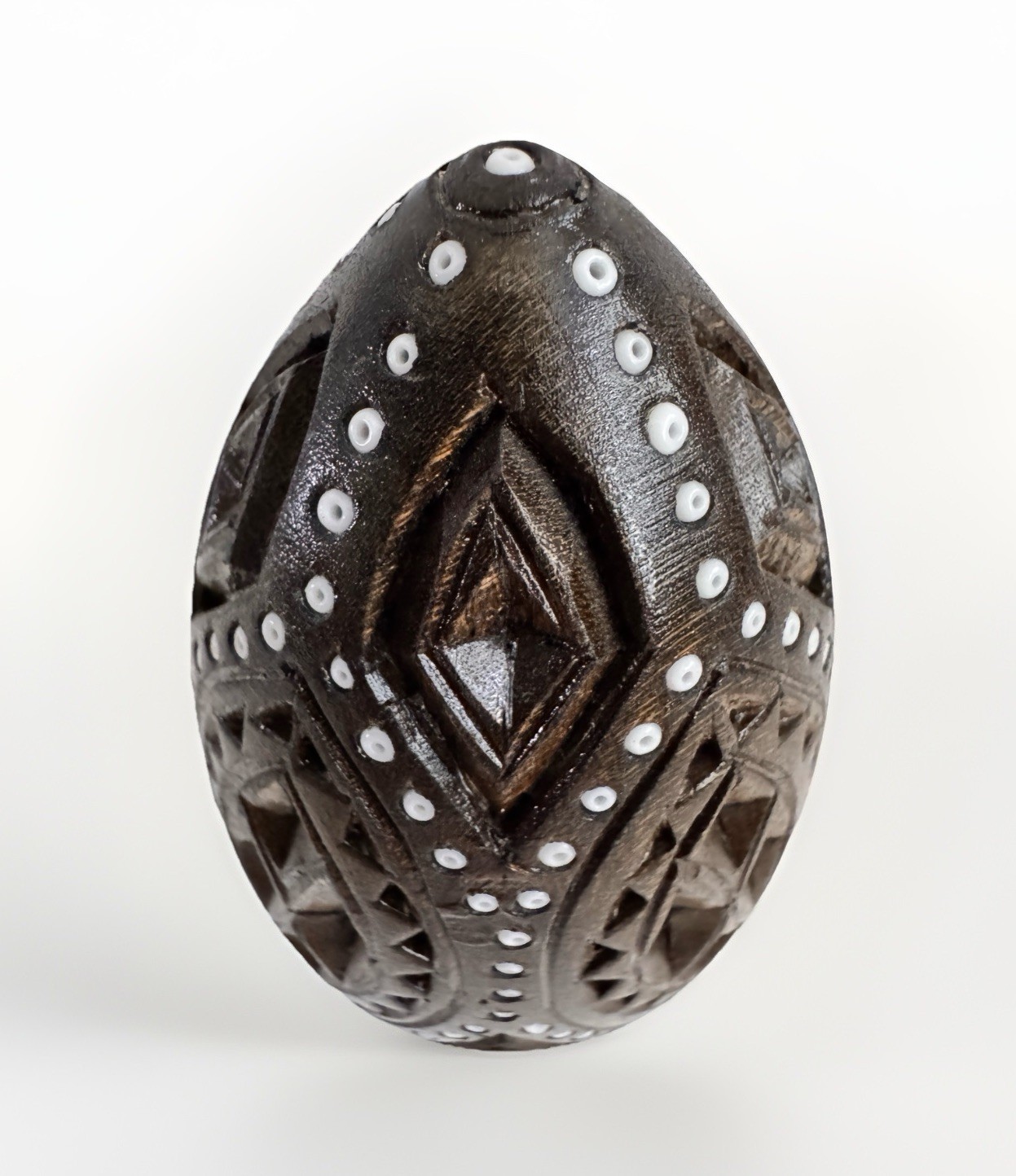 Kenya Carved Wooden Folk Art Egg Geometric Shapes with Stand 4” Tall