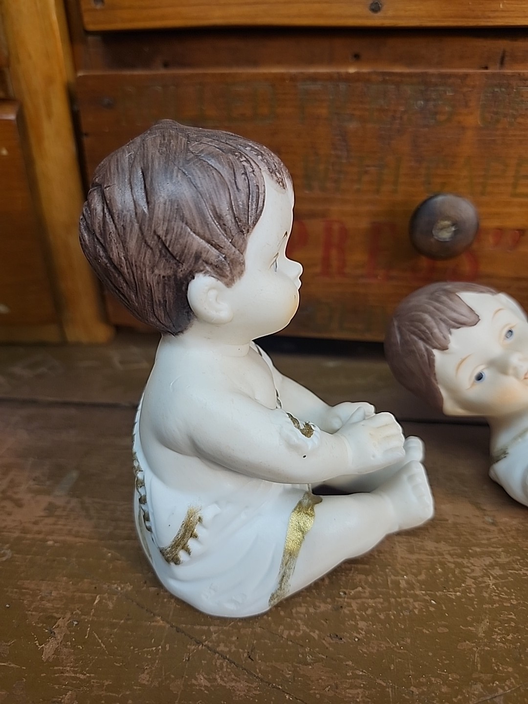 2 Vtg PIANO BABIES Blue-Eyed White & Gold Bisque Porcelain Piano Babies Boys