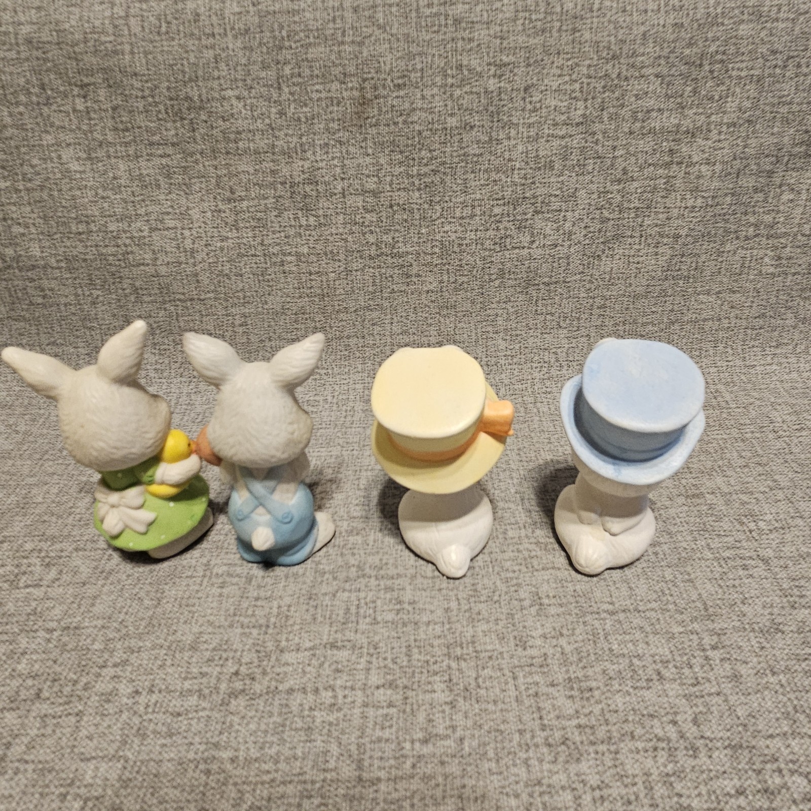 Vintage Ceramic Easter Bunny Set Of 4. Anthropomorphic Bunnies Hats Puppy Chick