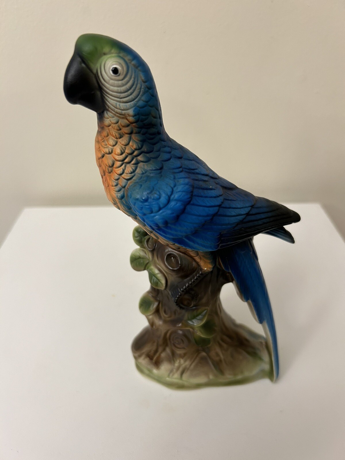 Stunning Vintage 8” Parrot Ceramic Green Blue Orange Bird Branch Figurine Japan