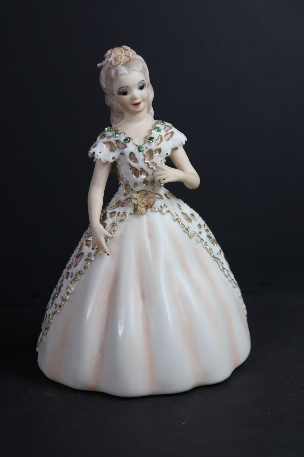 VTG Porcelain Lady Figurine Pink White Dress Rhinestones Japan 7″