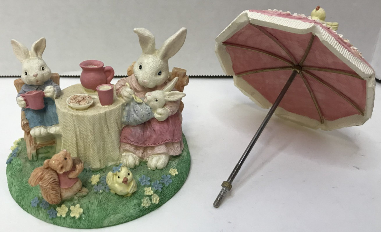 Vintage Rabbit Family Tea Party Figurine Pink Umbrella Easter Bunny