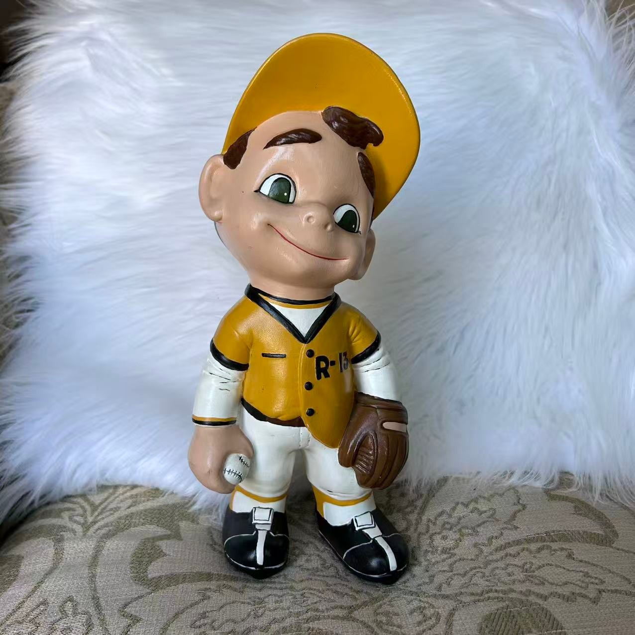 Vintage 1970s Ceramic Baseball Player Statue Figurine Smiley Boy Yellow Uniform