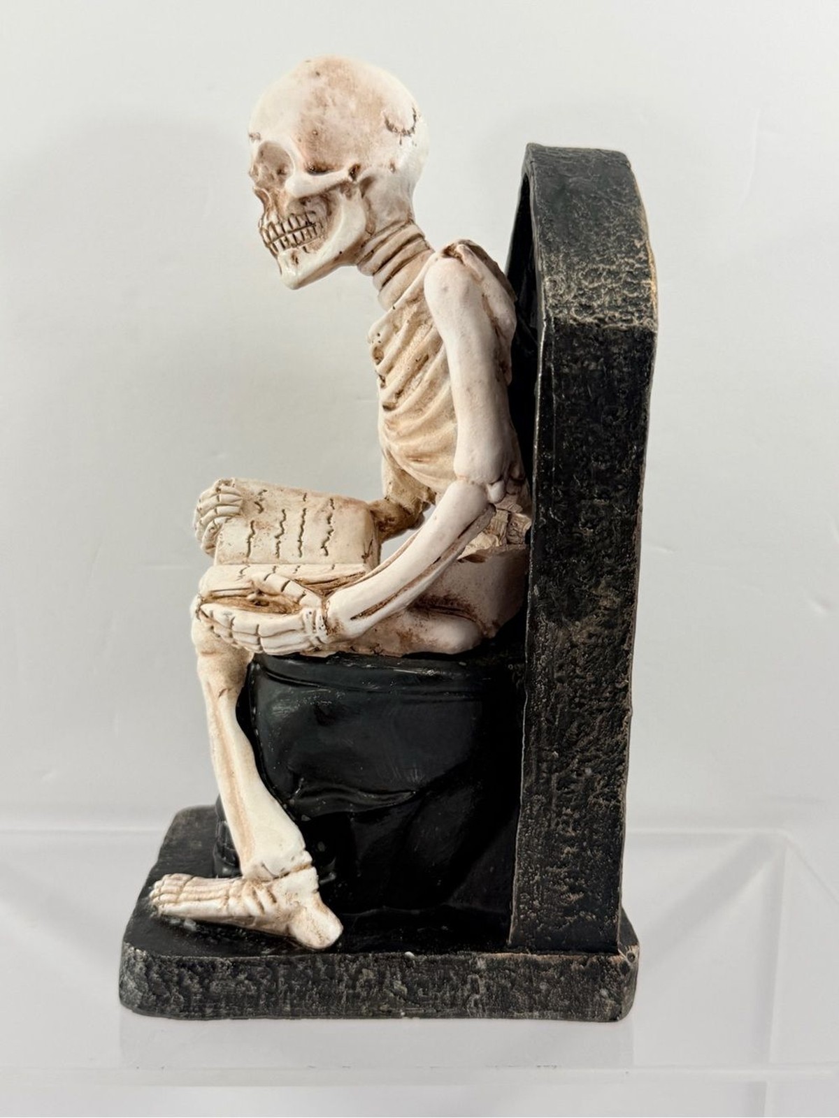 Gothic Skeleton on Skull Toilet Reading Book Figurine RIP Tombstone Decor 7″