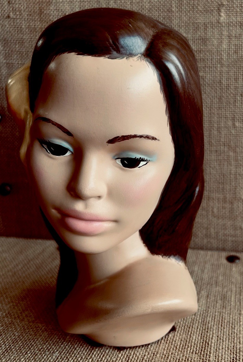 Vintage Hawaiian Polynesian Girl Head Bust Hibiscus Flowers MCM Statue 9 Inch