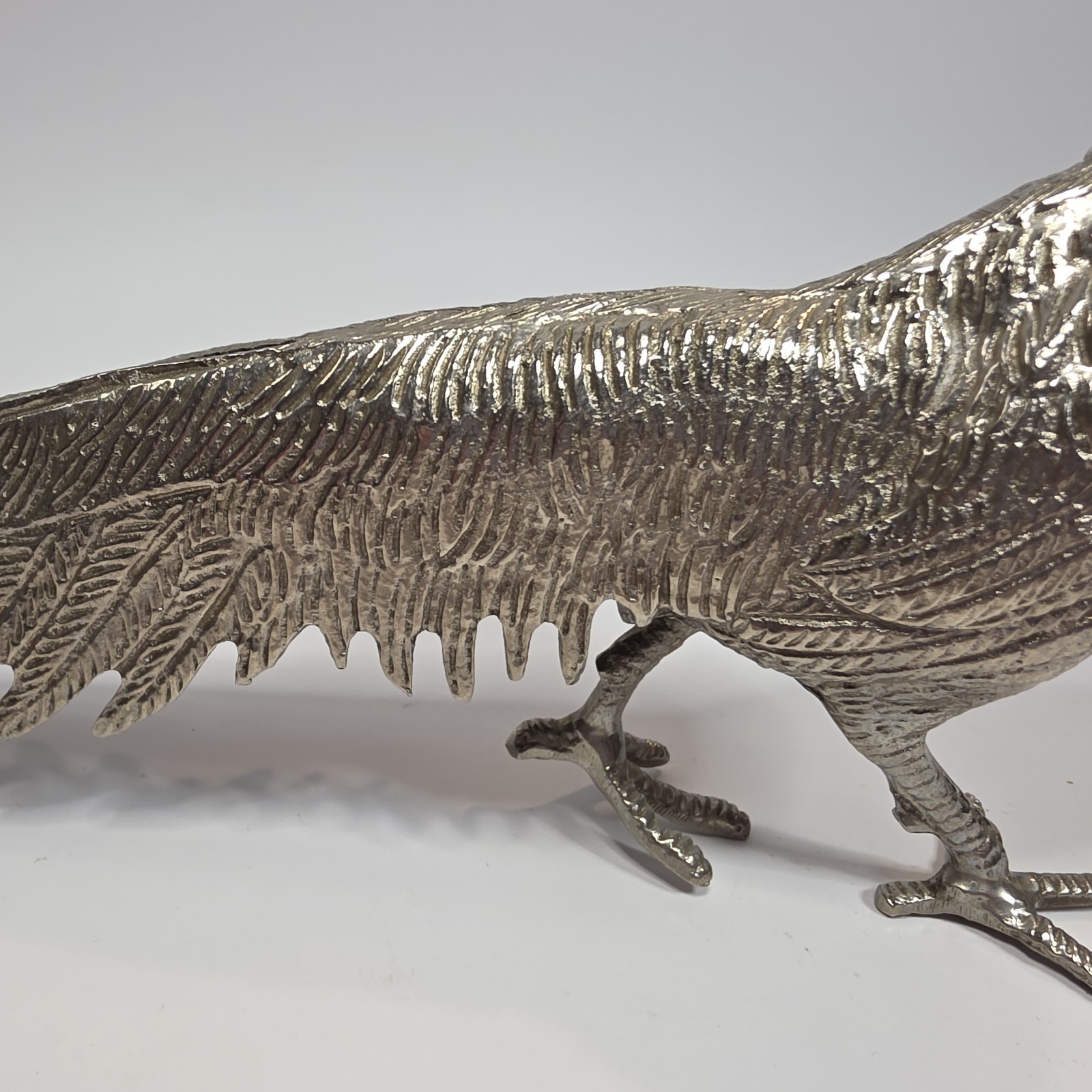 Vintage Silver Tone Pheasant Figurine Long Tail Bird Metal Statue