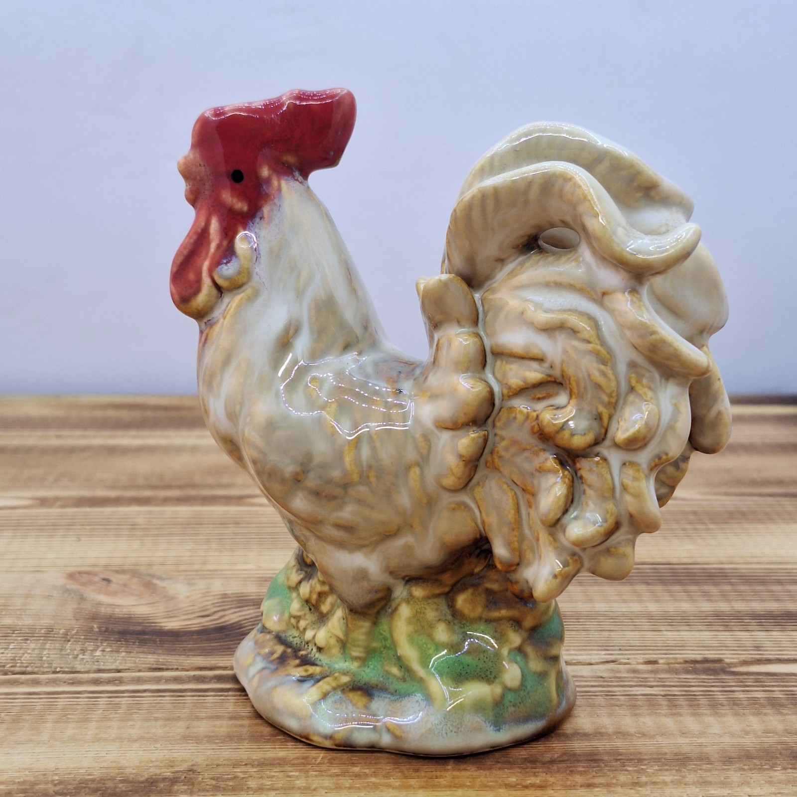 Glossy Ceramic Rooster Chicken on a Floral Base Figurines