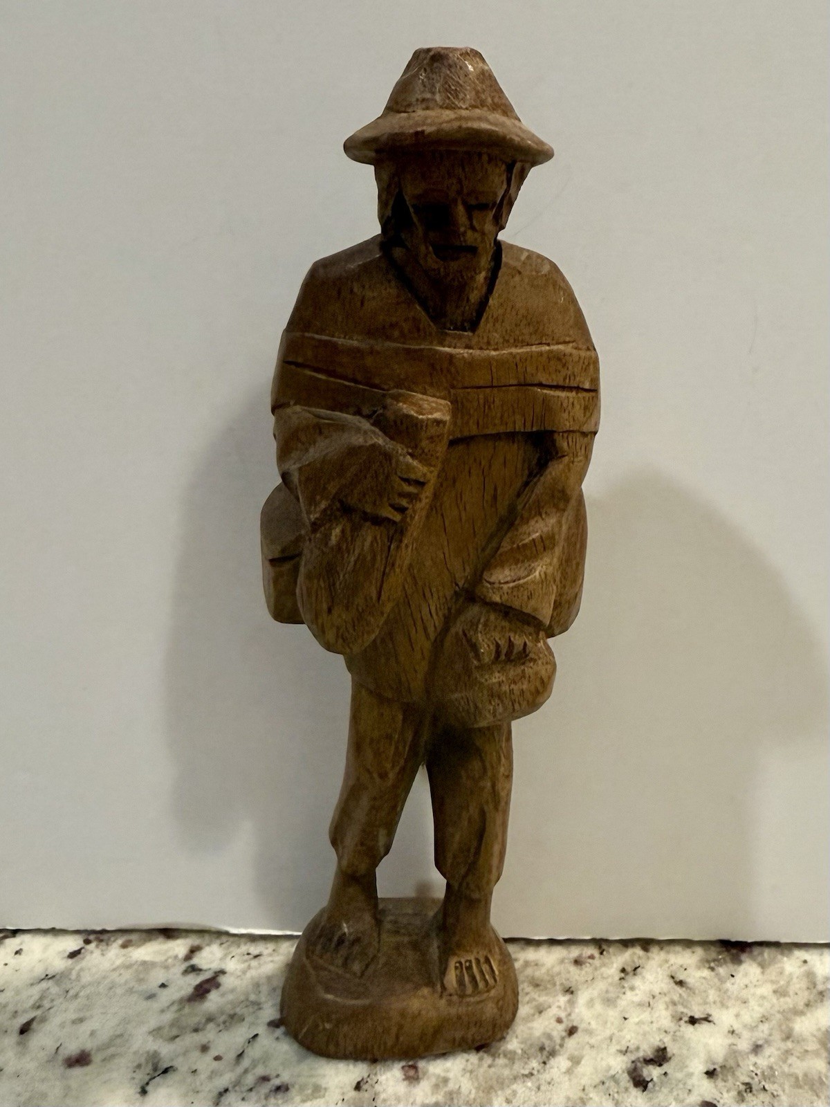 Hand-Carved Wooden Barefoot Traveler Man Sculpture Figurine 6in