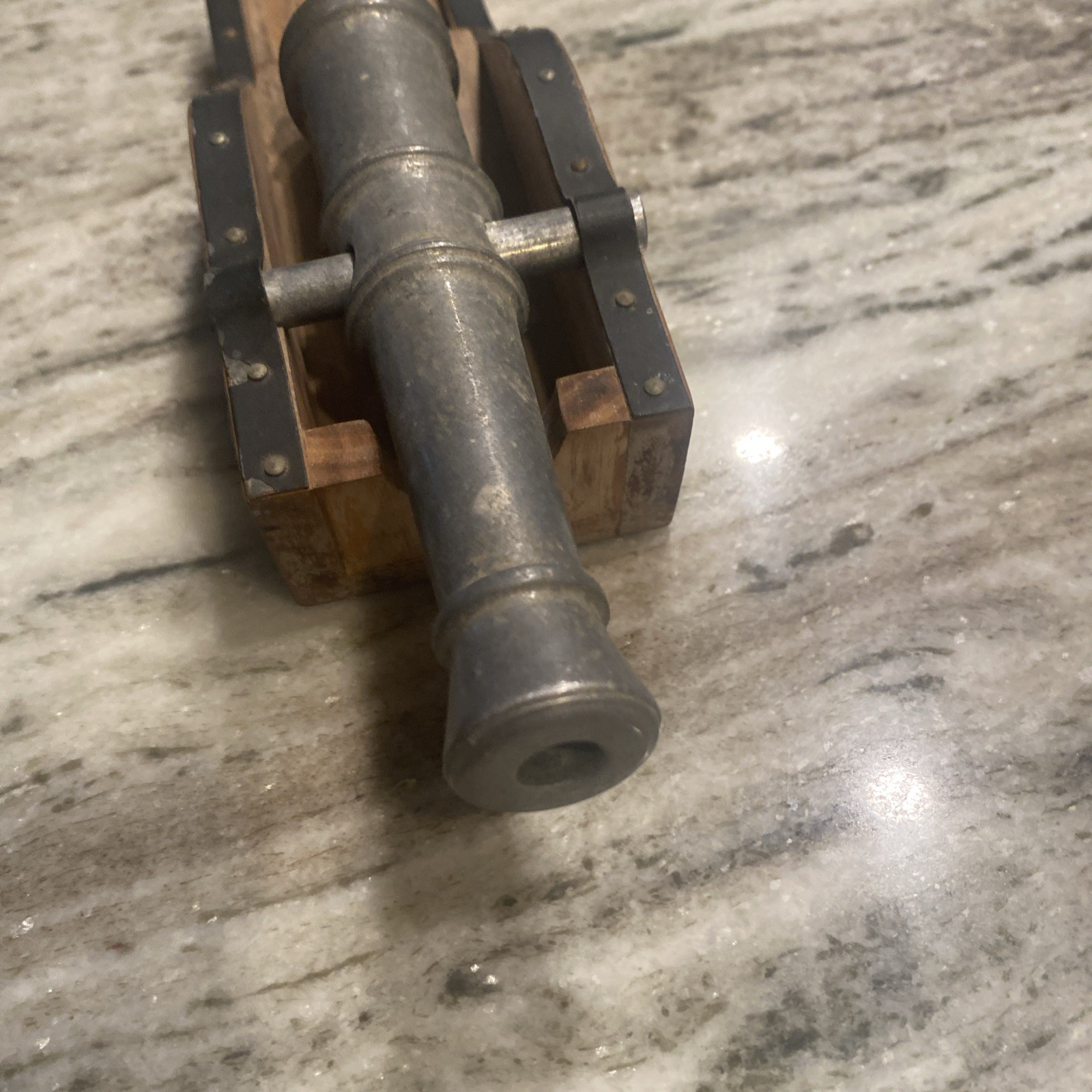 Metal Desk Canon Figurine with Handmade Wooden Stand Approx. 8 in.