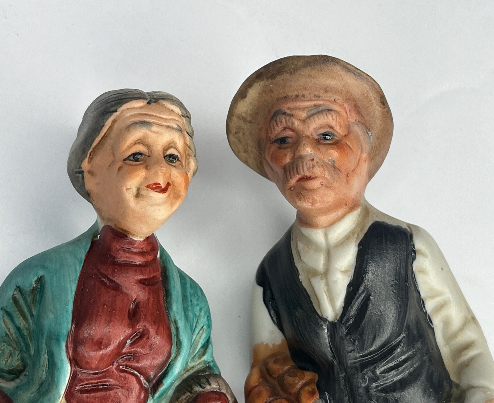 VINTAGE 1970’s Old Man and Woman Set 6.75” Porcelain Figurines Farmers Basket