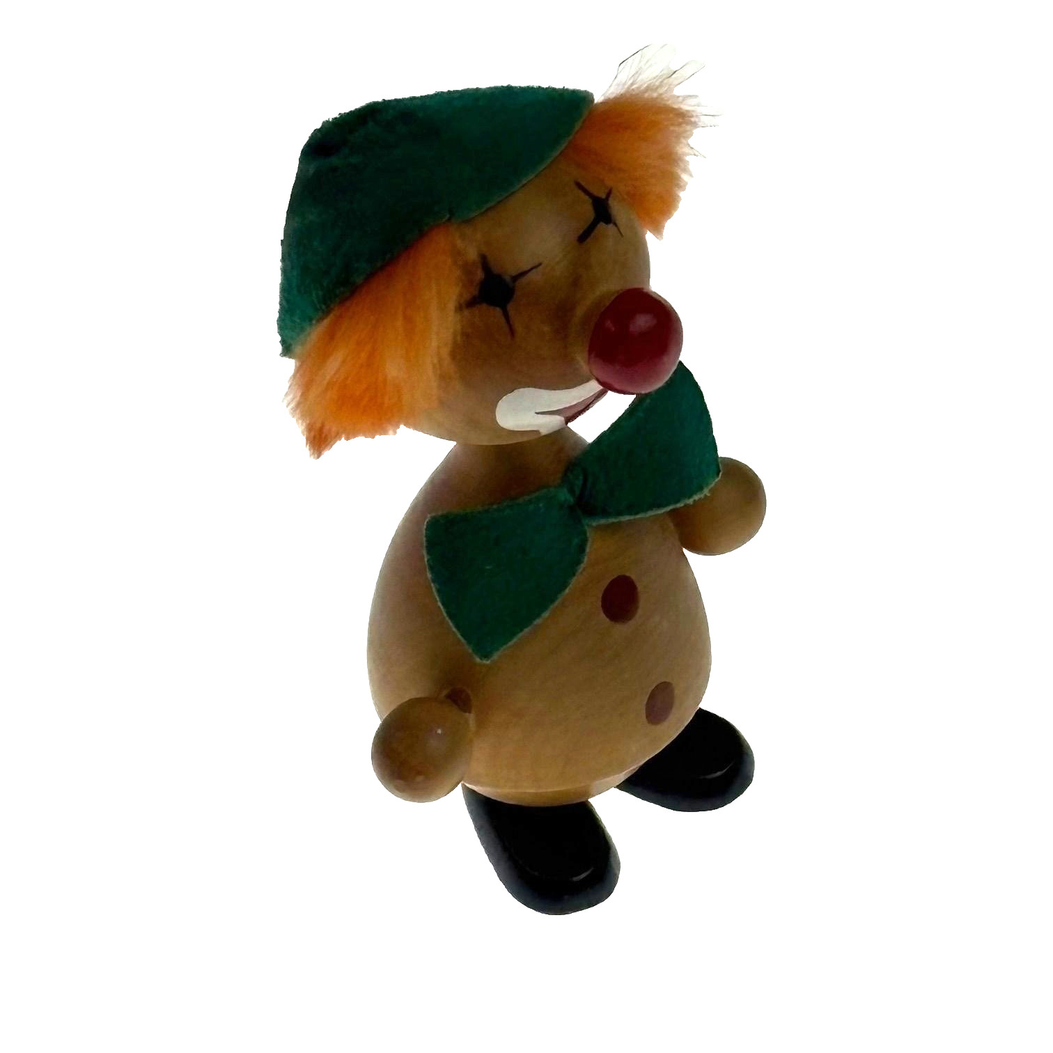 Vintage Wooden Handcrafted Clown Goula Figure Green Felt Hat Bow Tie Made Spain