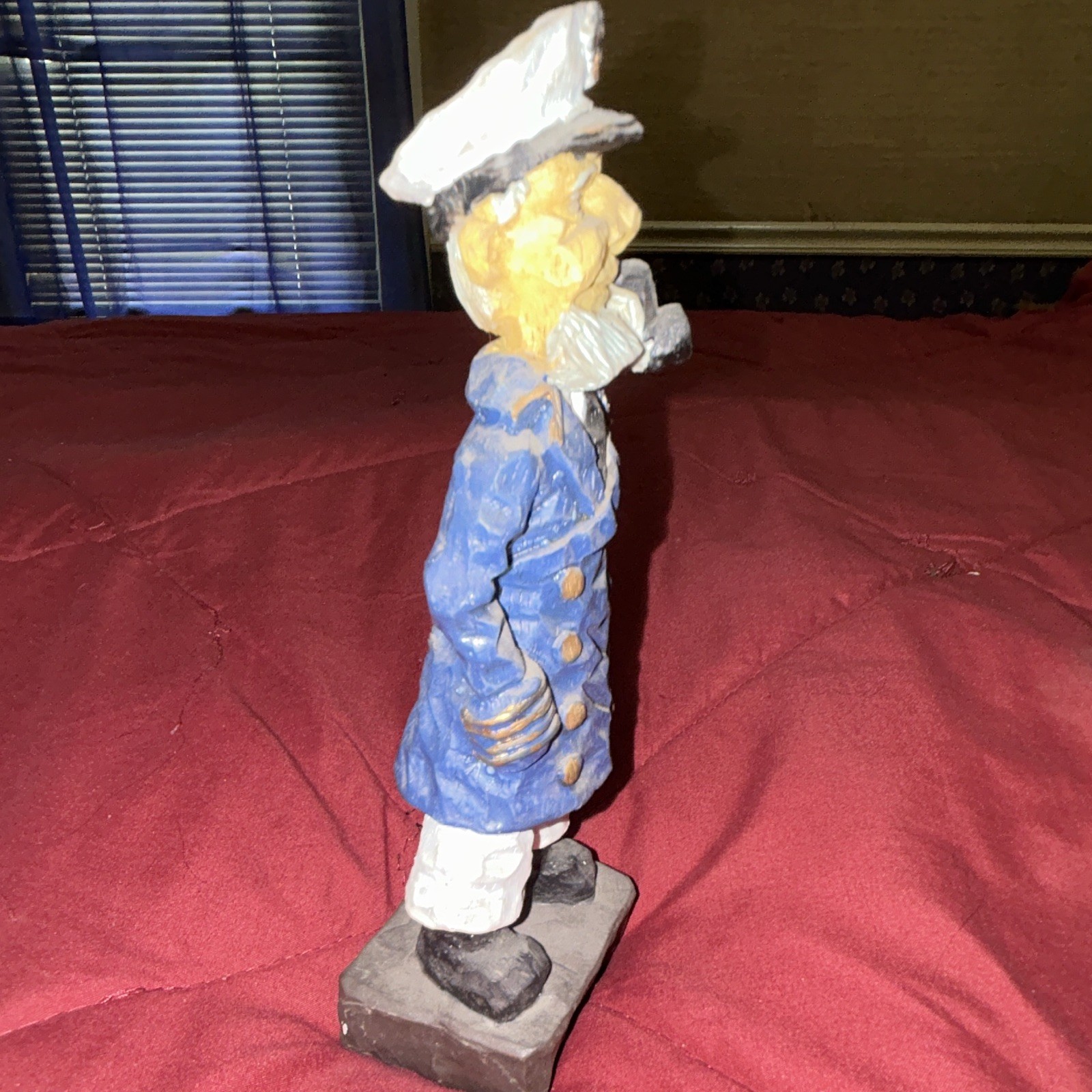 Hand Painted Wooden Nautical Sailor Figurine Blue Coat White Hat Pipe Gray Base