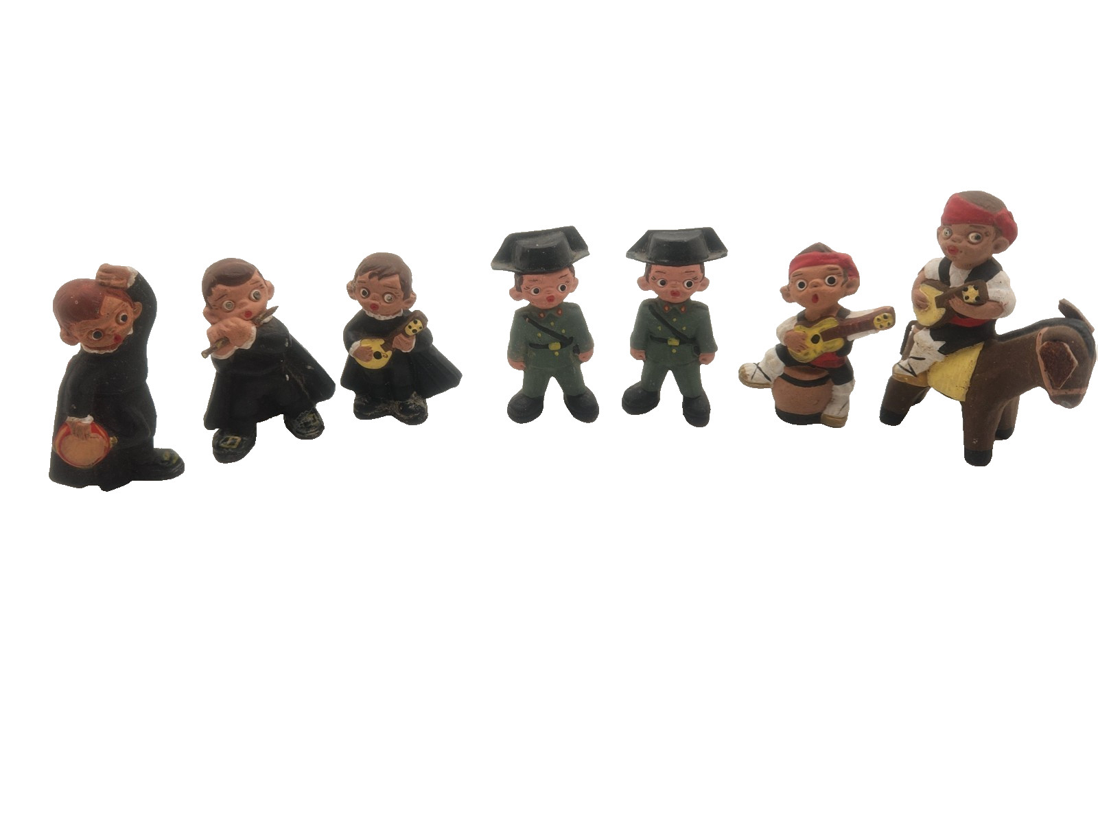 Spanish Mud People Figurines Terracotta Painted Soldier, Musicians, Donkey-Lot 7
