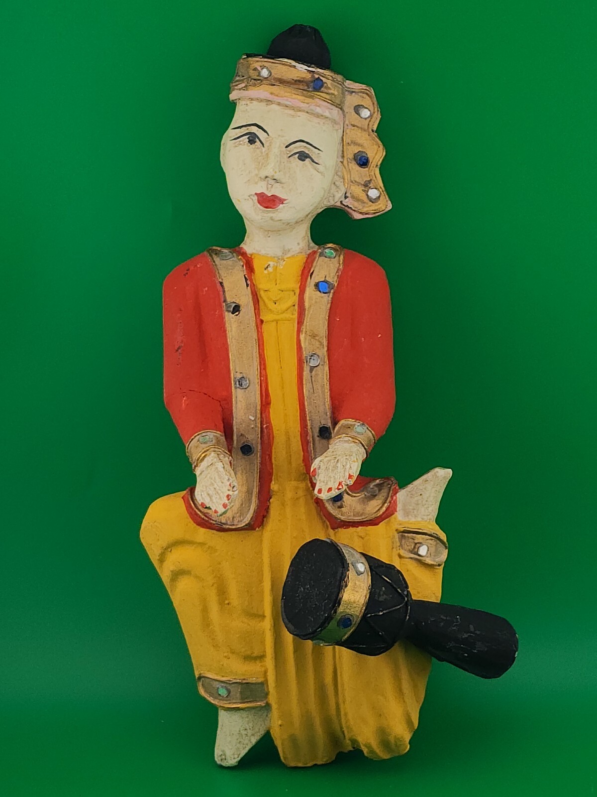 Hand Carved & Painted Asian Musician Made In Thailand 9.4″