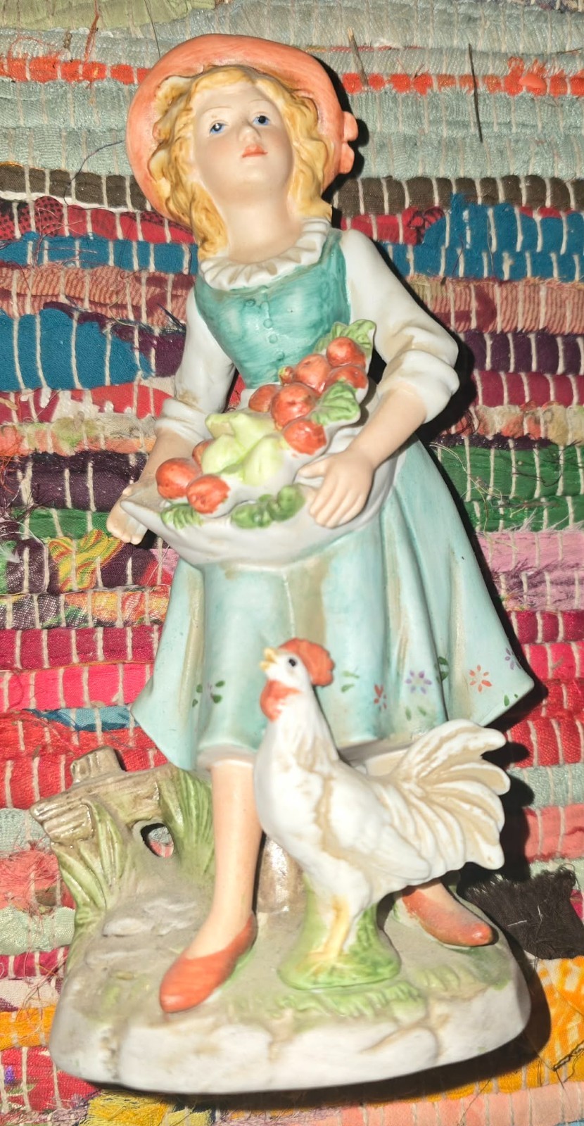 Vintage HOMCO #8881 Figurine – Farm Girl – Basket of Fruit & Rooster 8″ Tall