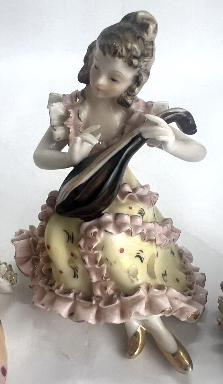 Vtg Set of 3 Porcelain Hand Painted Victorian Musical Figurines Thames Mandolin