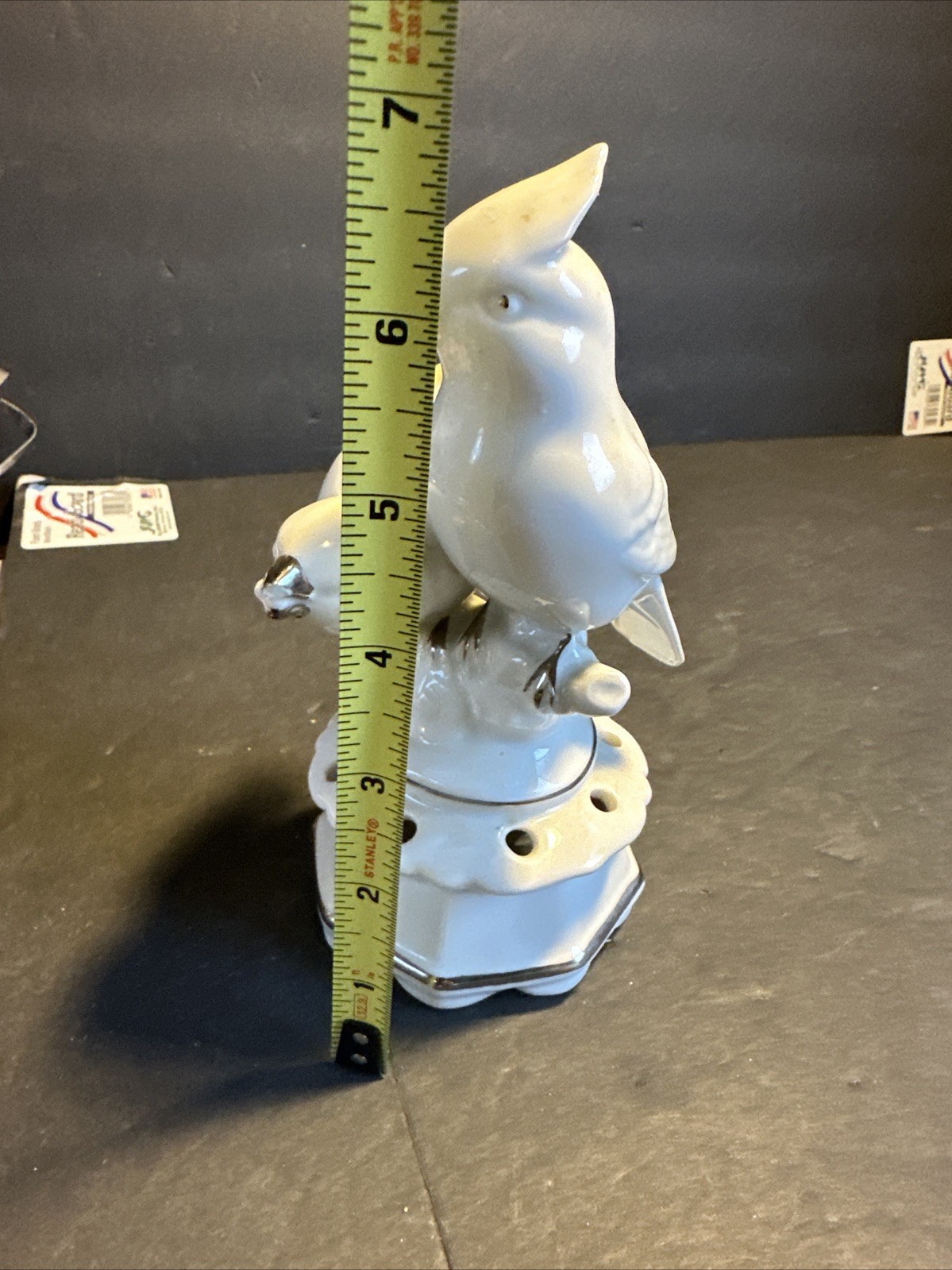 VTG. DRESDEN Porcelain White & Silver Flower Frog Figurine 8 holes w/Birds #R68