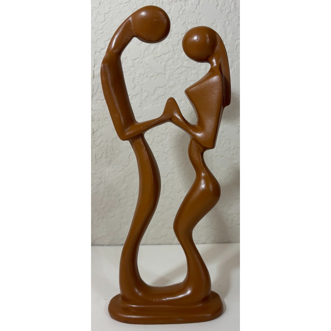 Hand Carved Brown Sculpture Curvy Romantic Couple Holding Hands Curves Smooth