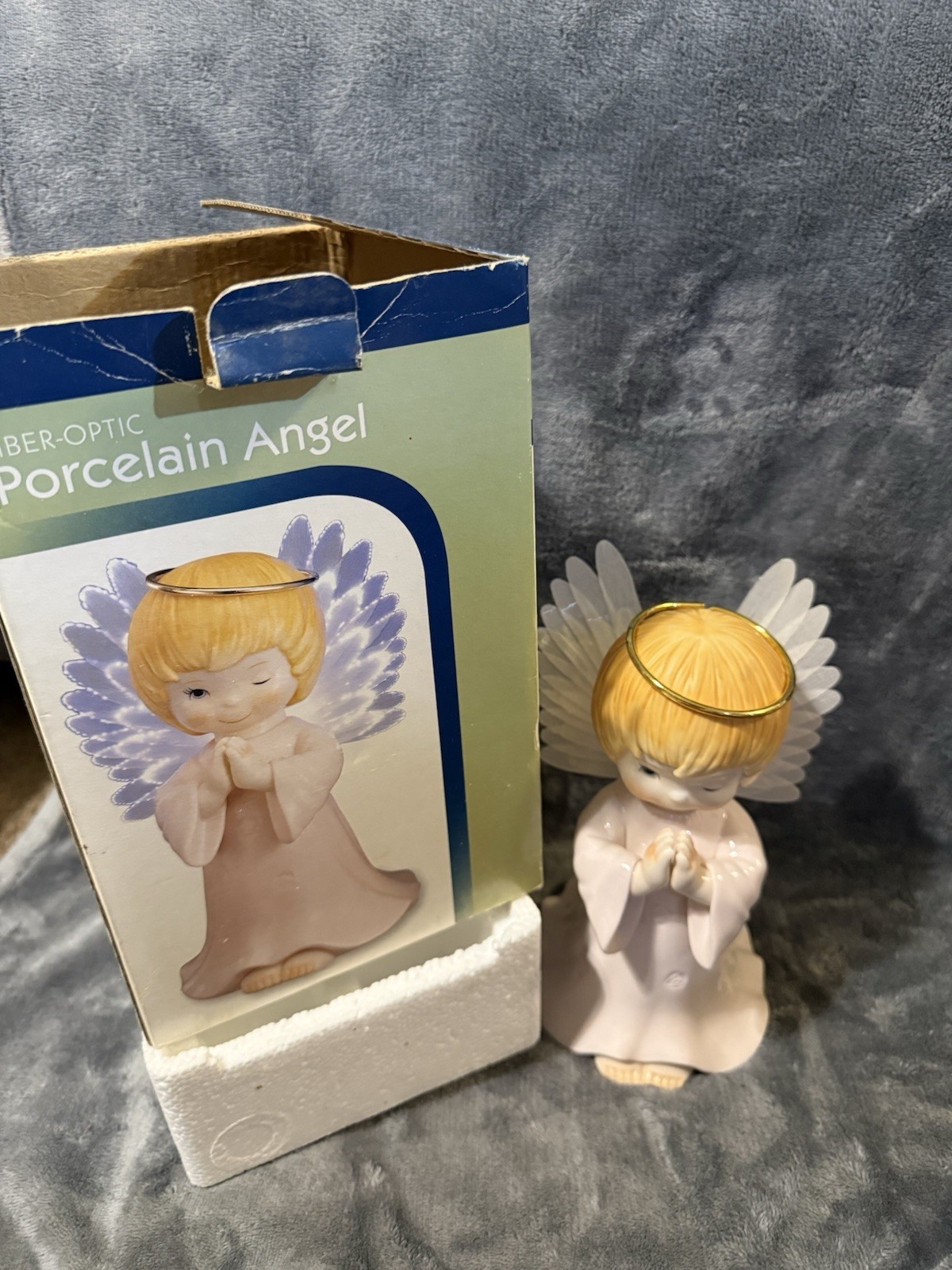 NEW 8″ Praying Angel Porcelain Child Figure w/Gold Metal Halo Fiber Optic NIB