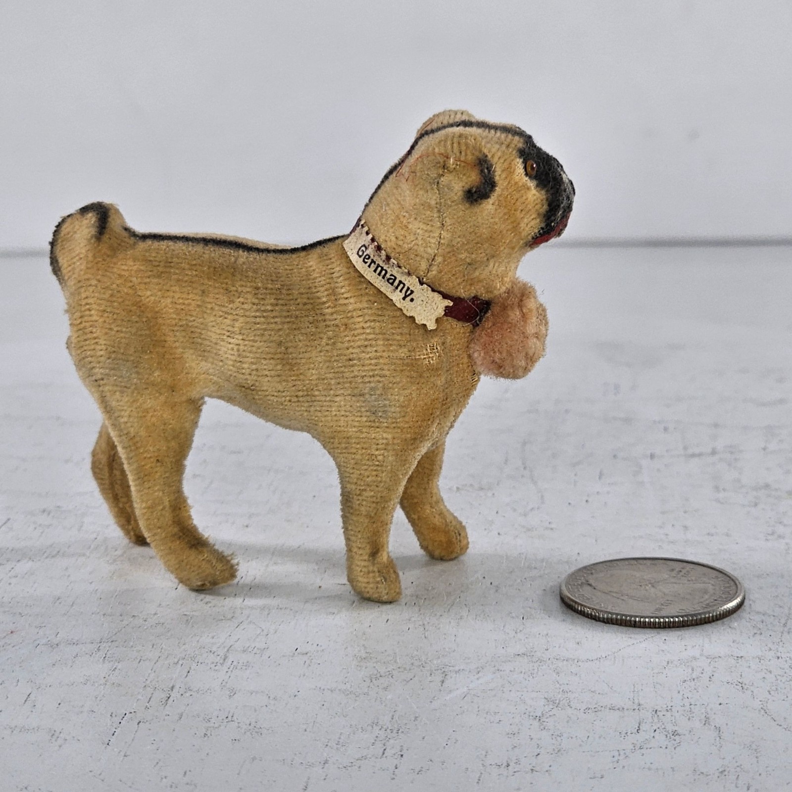 Antique Germany Putz Pug Dog Felt Doll Companion 3.5″ Vintage Figurine FLAW