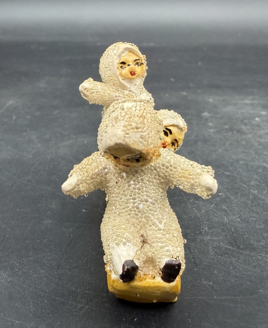 Vintage Set of 3 Coralene Snow Babies Girls on Sleds Figurines