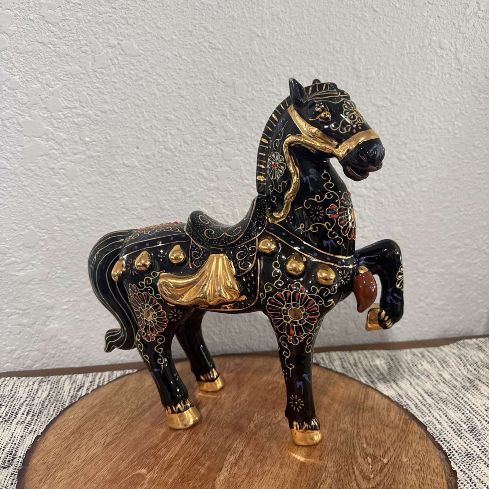 Rare Vintage Moriage Horse Statue 12″ Black & Gold Oriental Porcelain Sculpture