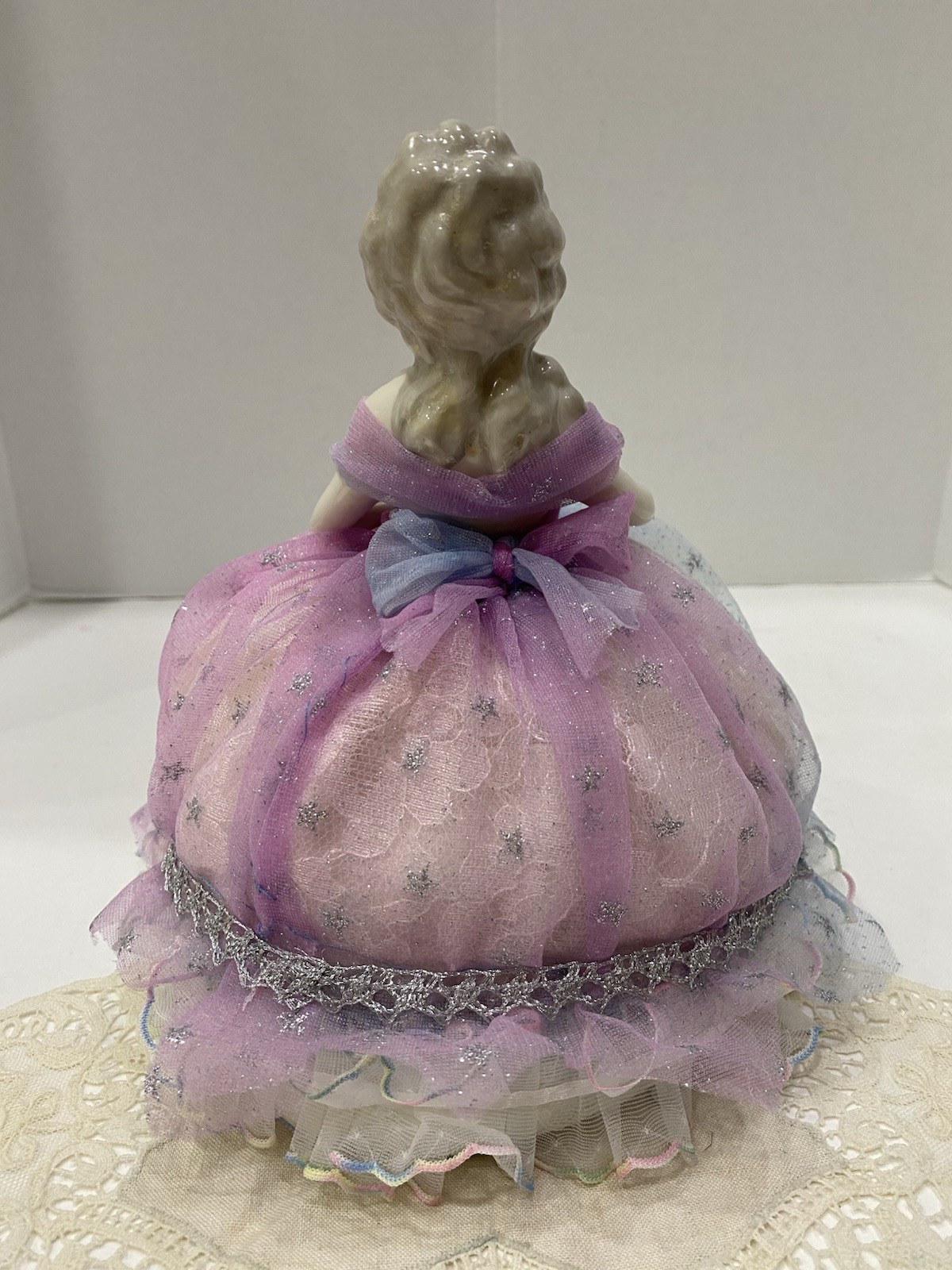 Vintage Germany Porcelain Vanity Half Doll Pin Cushion Star Dress Lavender Blue