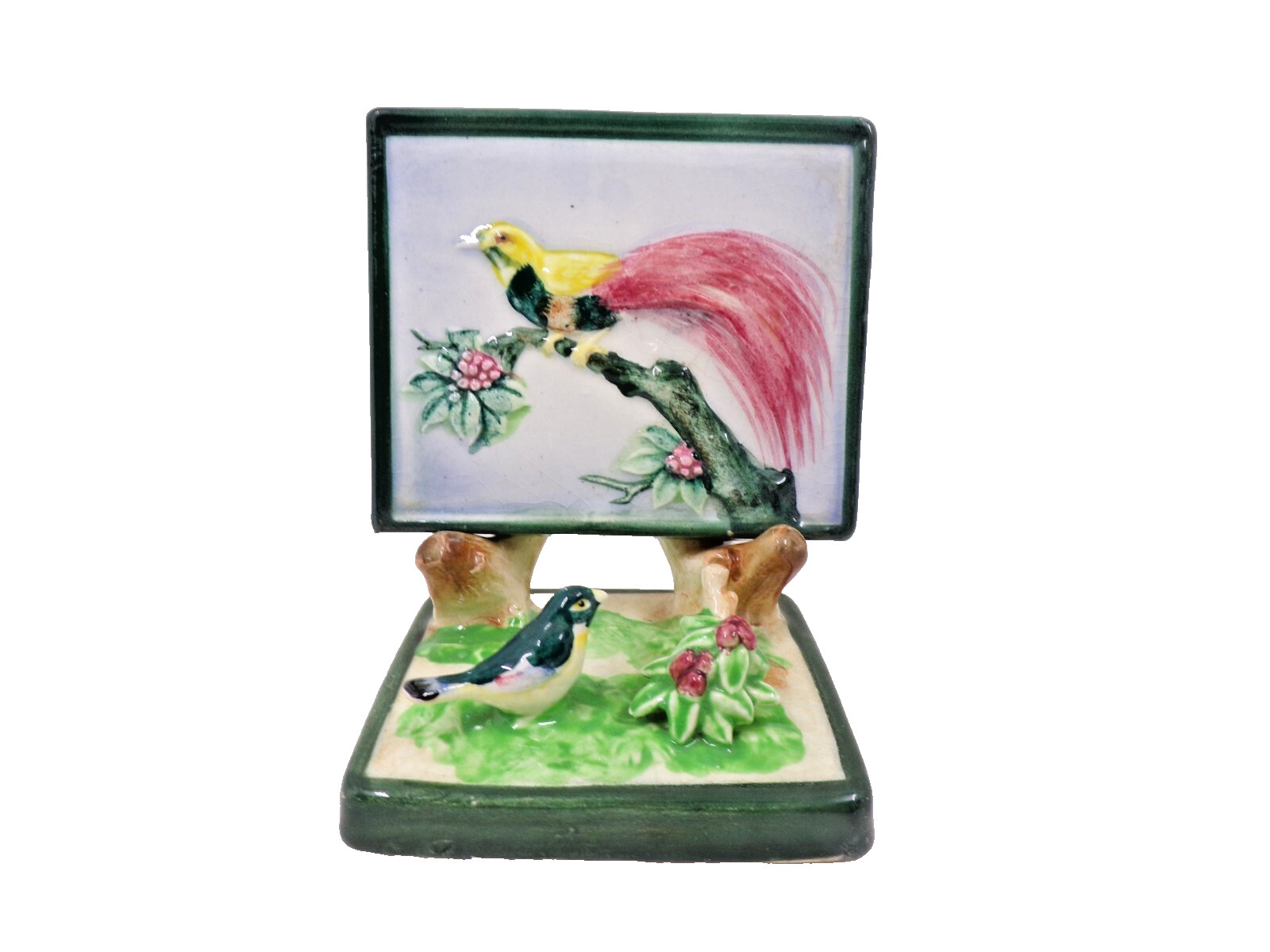 Vintage Occupied Japan Majolica Small Ceramic Tile and Holder with Birds