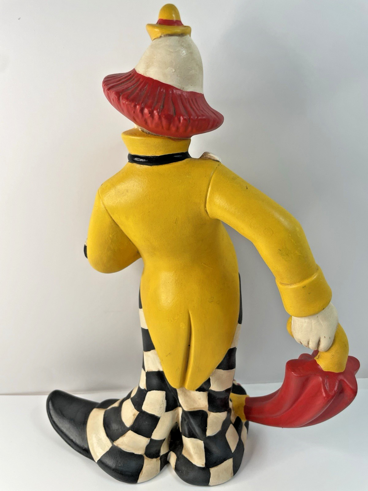 Vtg Atlantic Mold Ceramic Clown Figurine 12″ Red Umbrella Checkered Pants Hobo