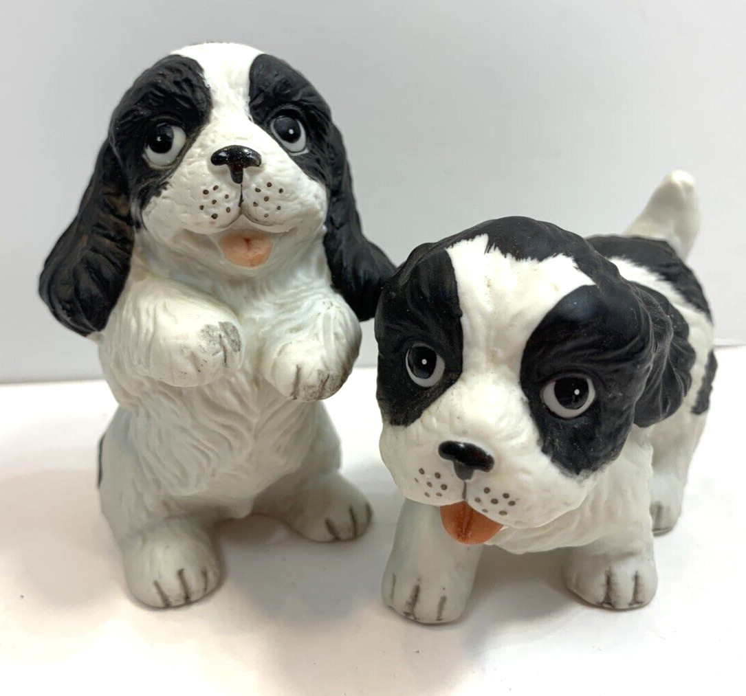 Homco Porcelain Black & White Cocker Spaniel Puppy Dogs Set of 2 Vintage
