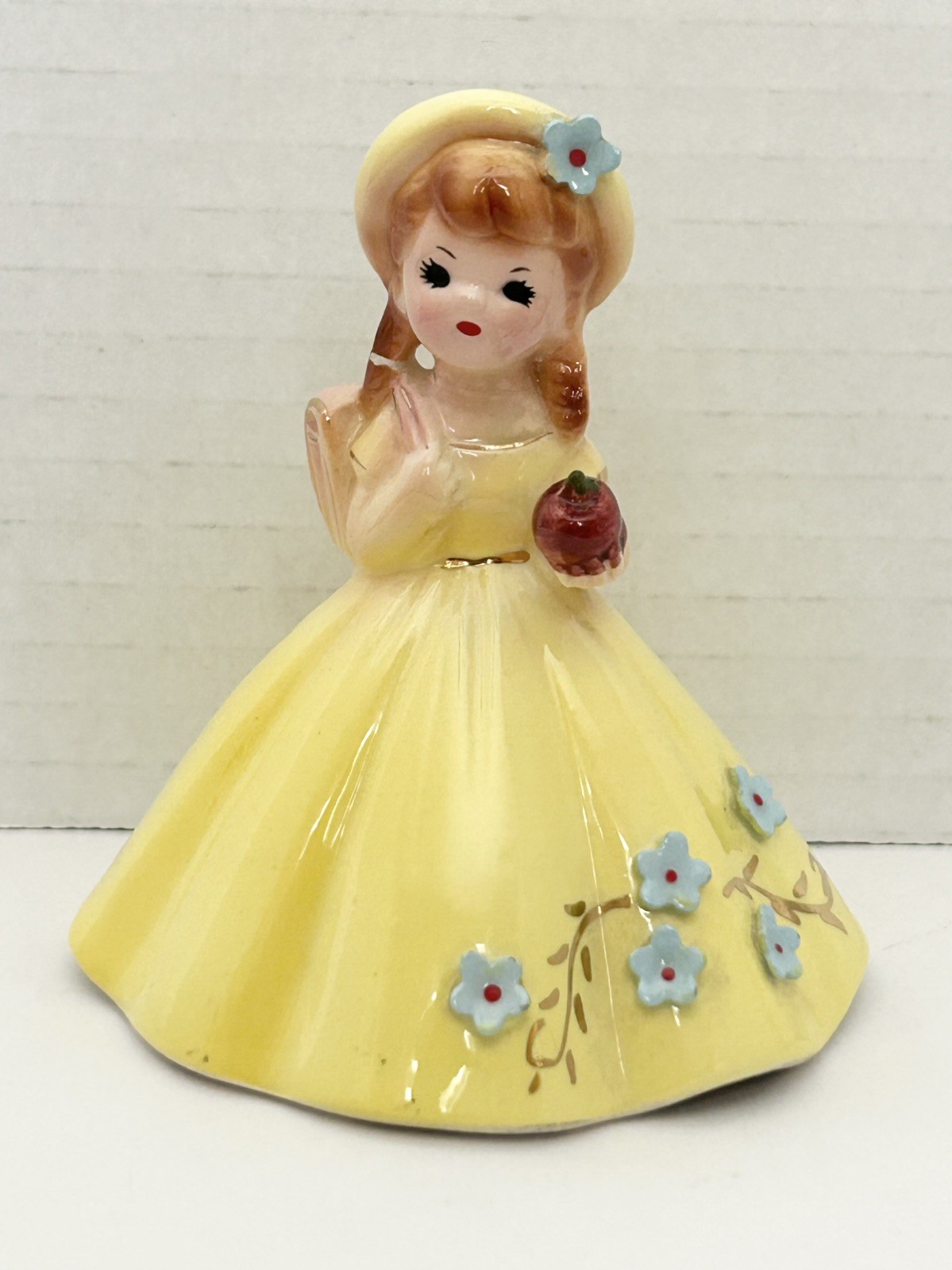 Vtg Josef Originals “School Belle” Figurine Yellow Dress Apple Backpack Repaired