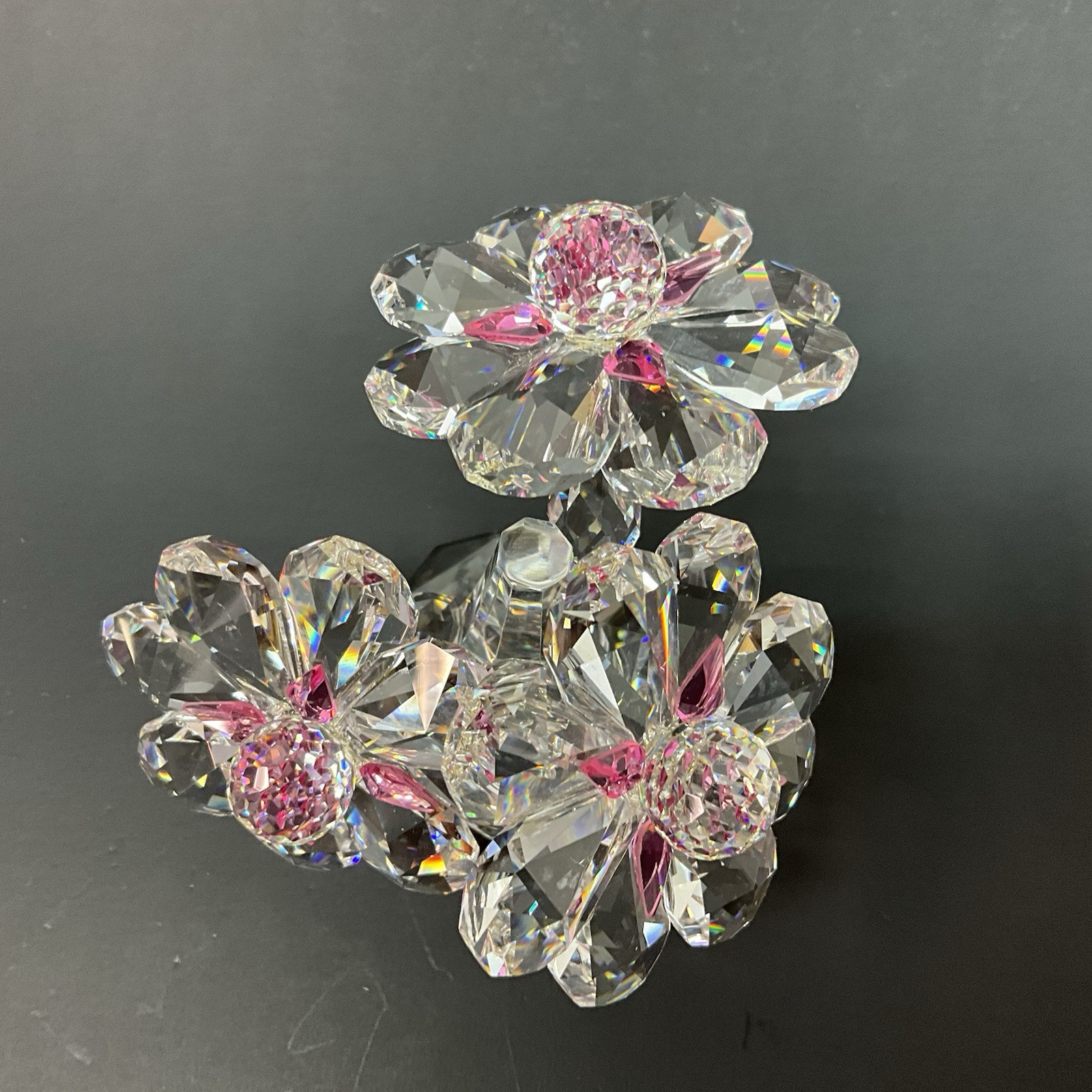 Crystal Clear/Pink Flower Figurine Glass Bouquet Floral On Base Collectible