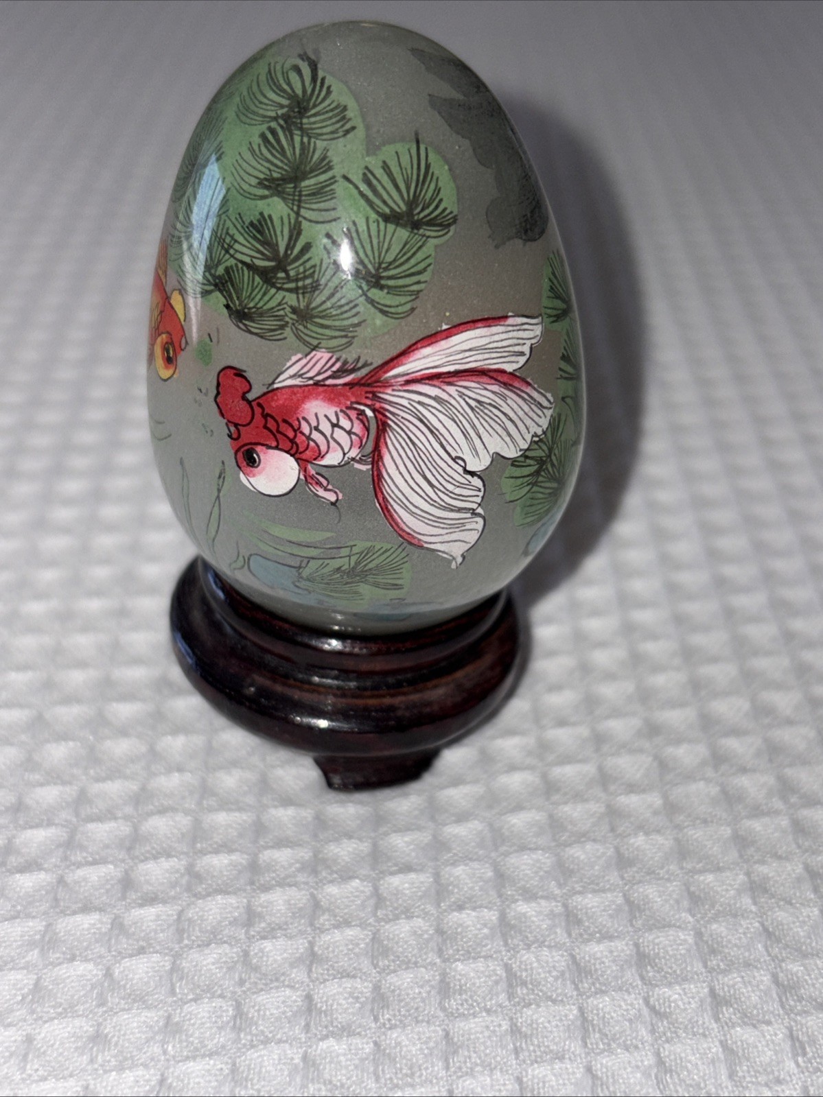 Reverse Hand-painted Glass Egg- Multiple Koi Fish With Wood Stand Vintage