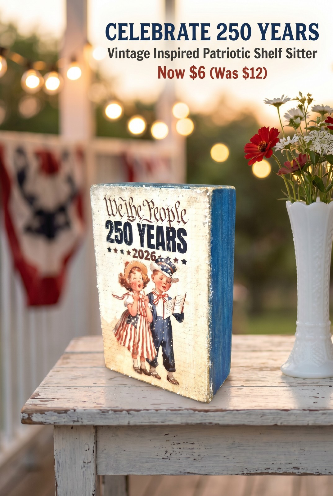 Vintage Style Patriotic Boy & Girl On Distressed Blue Wooden Shelf Sitter