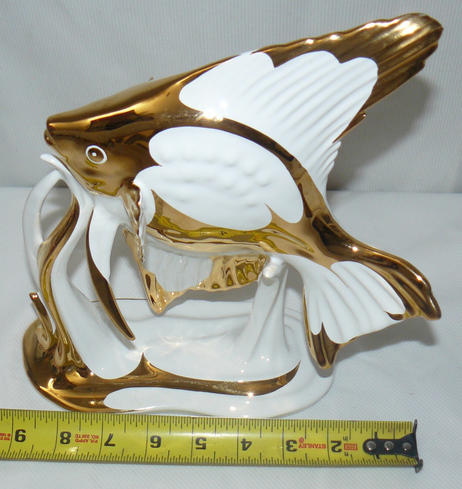 Porcelain Angel Fish Italy Statue 10×9″ W/ Flaw White 24k Gold Trim