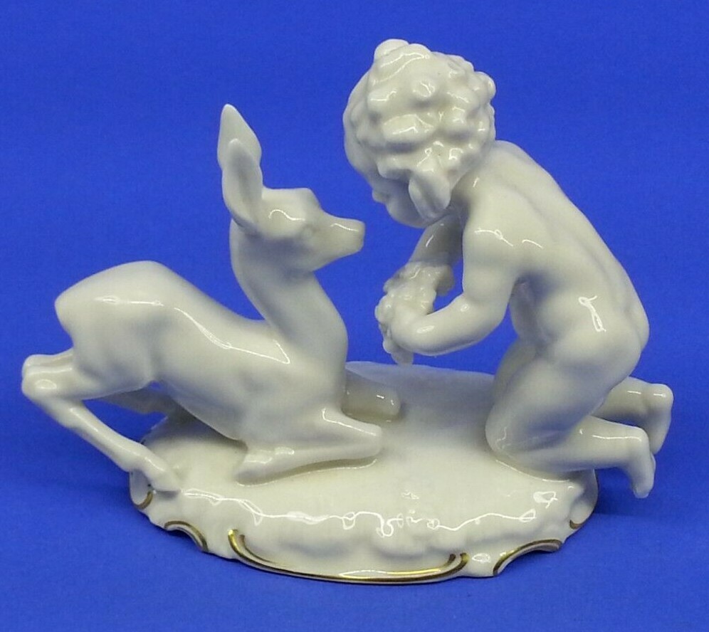 Vtg Hutschenreuther Kunstabteilung Fawn Selb Tutter Cherub Boy Deer Fawn