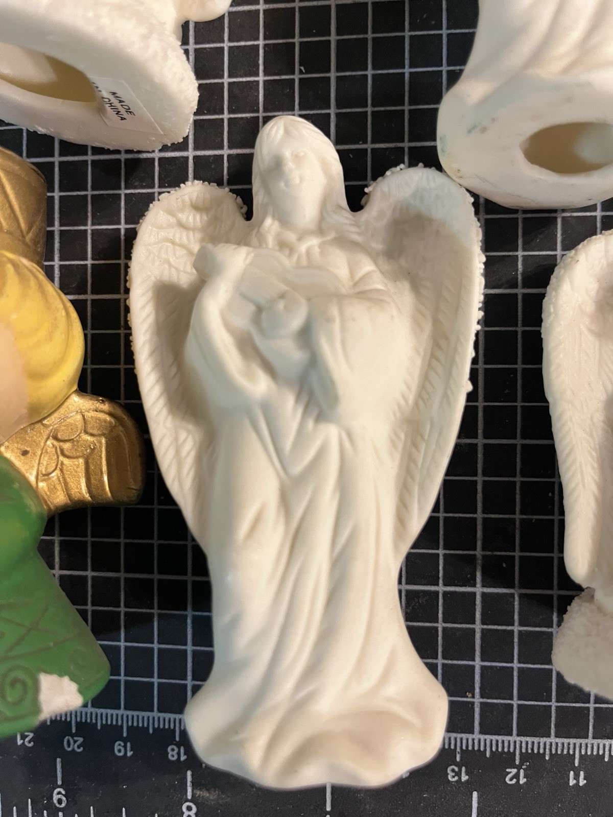 Ceramic Angel Figurines Lot of 8, White/Green/Gold/Red Religious Theme, 3-5”