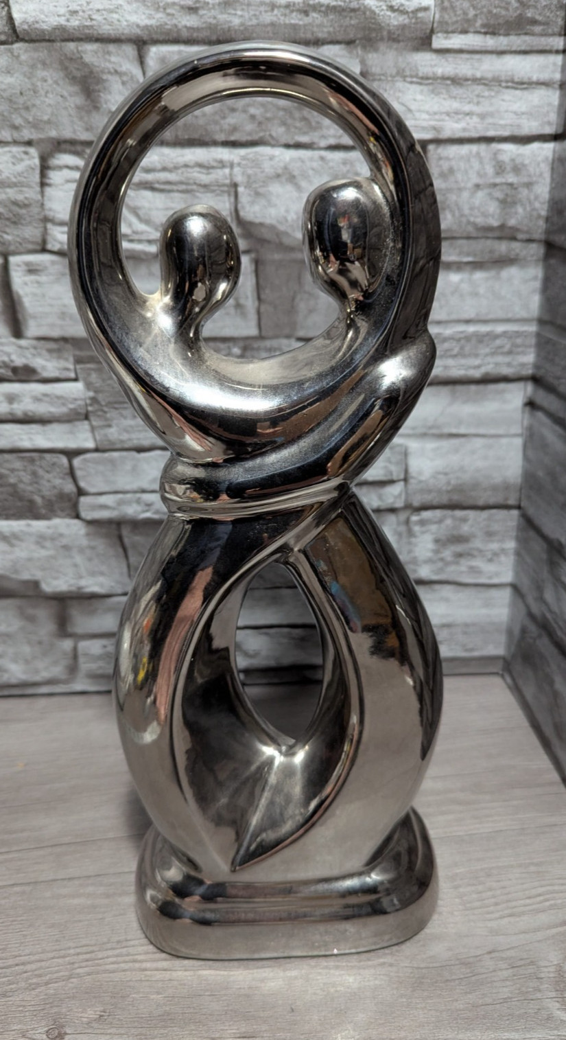13.5″ Silver Chrome Ceramic Embracing Dancing Couple Love Abstract Art Sculpture